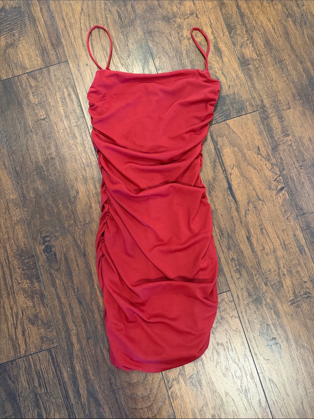 Garage Red Ruched Spaghetti Strap Mini Dress